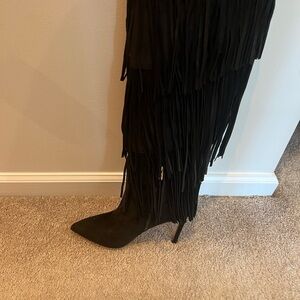 Nine West Black Heeled Boots with Cascading Fringe